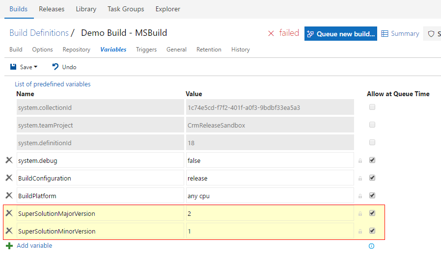 Define Build Variables